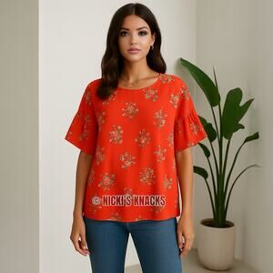 Bright Red Floral Ruffle Sleeve Scoopneck Babydoll Blouse Open Back Size XL